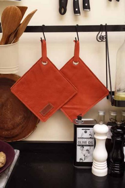 Set Pannenlappen Leer Oranje/Terracotta - Afbeelding 2